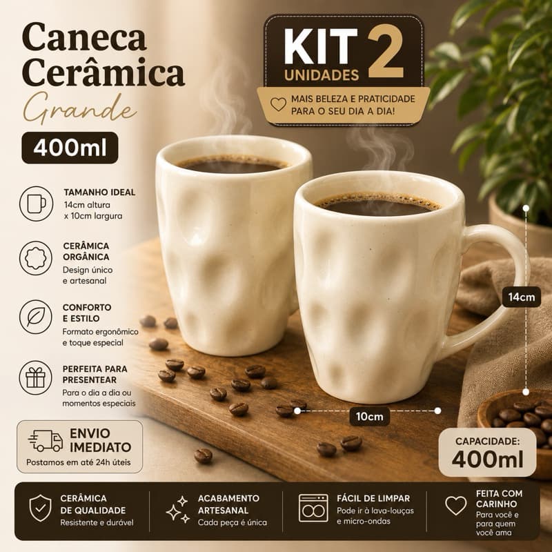 Kit 2 Und Caneca Cerâmica Duna 390ml Grande 10cm x 14cm Cerâmica Orgânica Original Envio Imediato