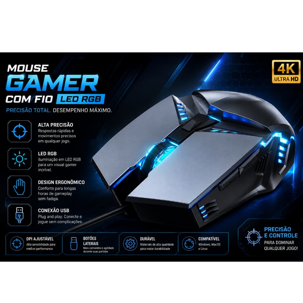 Mouse Gamer RGB com Fio LED Alta Precisão USB para PC Notebook Jogos Gamer