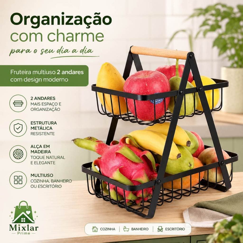 Fruteira Metal 2 Andares Alça Madeira Organizador Multiuso Cozinha Banheiro Escritório Preto Branco