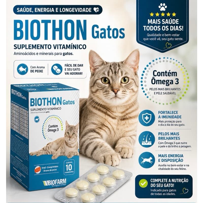 Suplemento Biothon Gatos - Cartela Com 10 Comprimidos Sabor Peixe Engorda