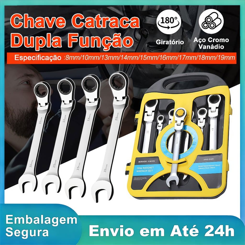 Jogo Chave Catraca Combinada 7 Peças 8 a 19mm Aço CrV Resistente Alta Durabilidade Profissional