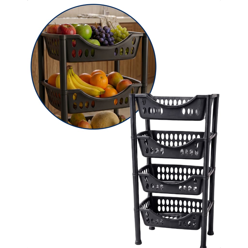 Fruteira Organizadora 4 Andares Chão Plástico Preto Cesta Frutas Legumes Cozinha Multiuso Resistente