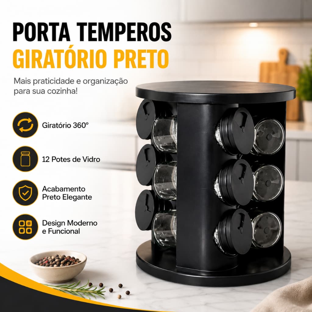 Porta Condimentos Giratório Para Temperos 12 Potes Vidro Tampa Dosadora