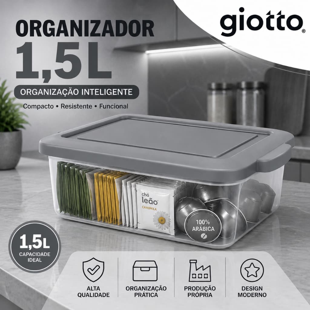 Caixa Organizadora 1,5L Cinza com Tampa Organizador Armazenamento Multiuso Empilhável Giotto