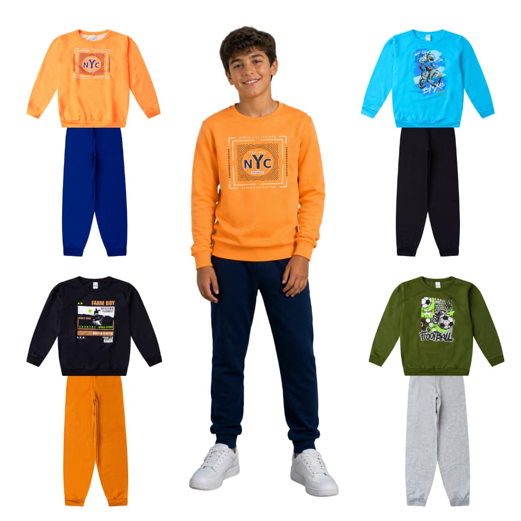 Kit 2 Peças Moletom Infantil Menino Inverno Conjunto 1 ao 14 Masculino Manga Longa Gola Careca