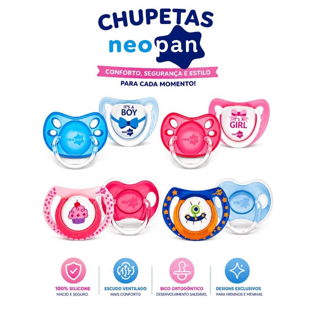 Kit 2 Chupetas Bebê Neopan Silicone Tam +6 meses Livre BPA Menino Menina