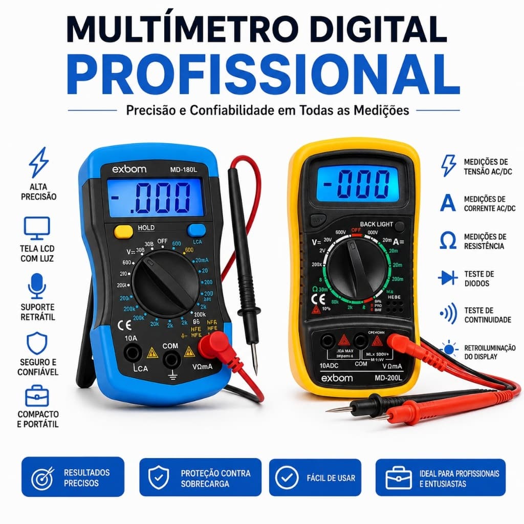 Multímetro Digital Profissional MD-180L ou MD-200L com Luz de Fundo, Bipe, Bateria e Pontas de Teste