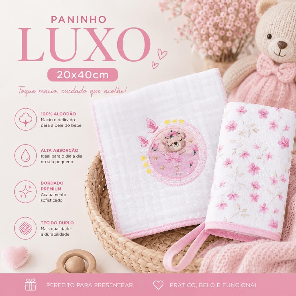 Fralda de Boca Bebê 20x40cm Kit 2un Algodão Soft 3 Camadas Prendedor Chupeta Paninho Boquinha Recém Nascido Luxo