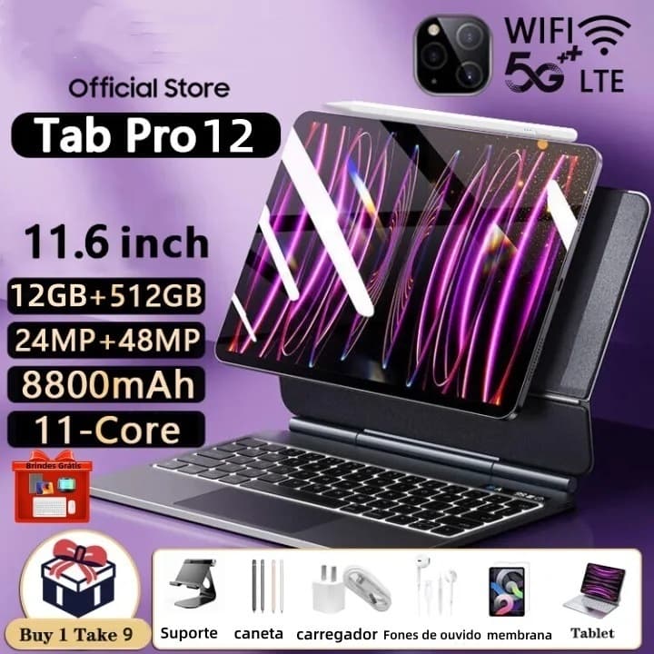 【Teclado e mouse grátis】 Tablet Pc Mil PRO12 MAX Android 14 512GB Memória 12GB Ram 11.6 Polegadas Tablet Pc Milli UNIF