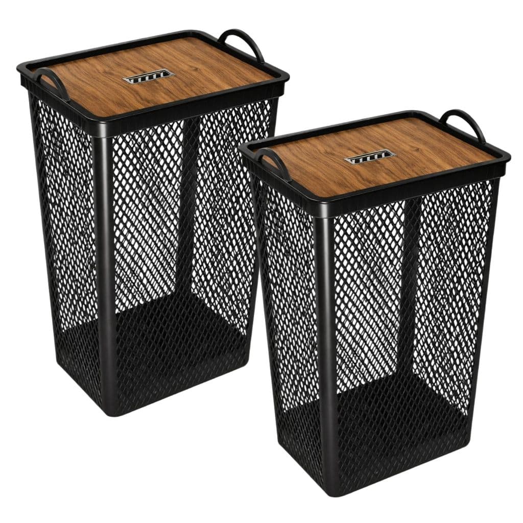 Kit Cestos Roupa Organizador Multiuso Telado 49L Tampa Label Madeira Alça Banheiro Brinquedo Lavanderia Antimofo Caixa