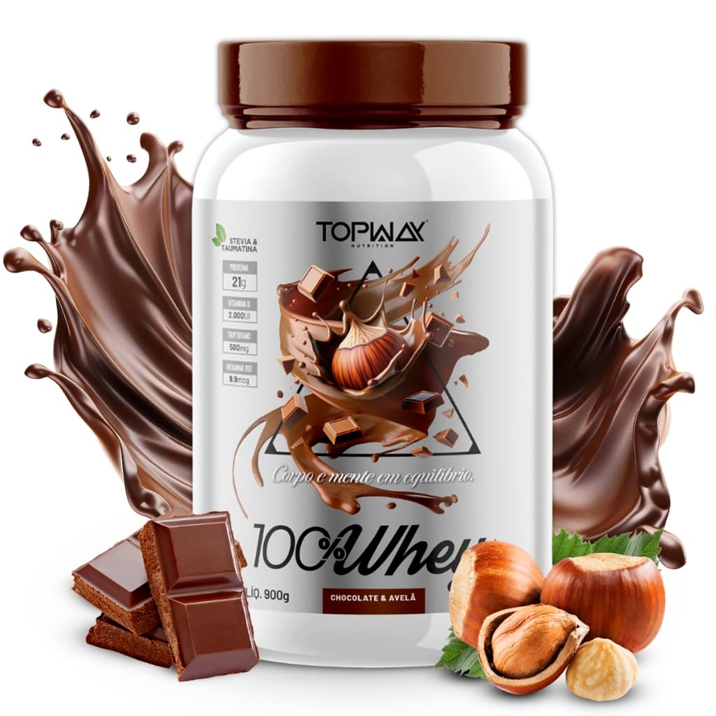 Whey Protein 100% Puro Sabor Chocolate Com Avelã 900g Concentrado Suplemento Alimentar TopWay