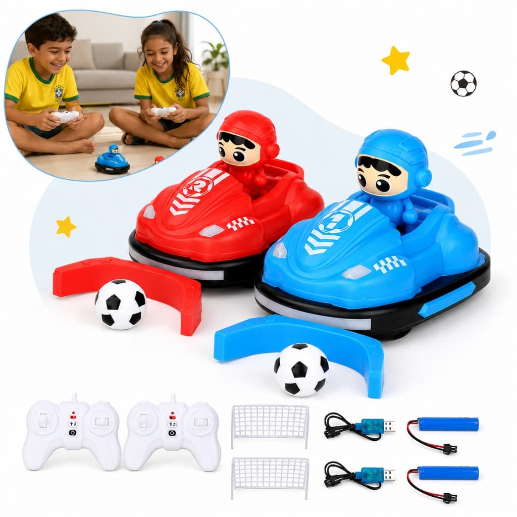  Kit Com 2 Carrinho Kart Controle Remoto Batalha Bate Bate Jogo Bola Trave Gol a Gol Infantil Kizumba