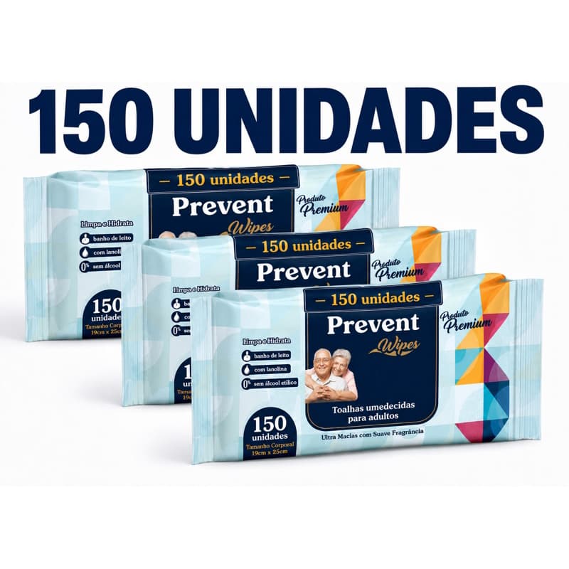 150 un Kit com 3 pacotes Toalha Umedecida Geriátrica Prevent 50un