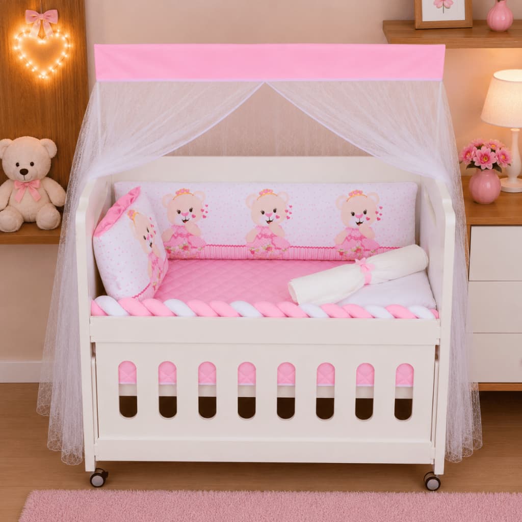 Kit Mini Berço Ursinha Rosa 10 Peças Protetor Com Trança Mosquiteiro Enxoval Completo Bebê Menina