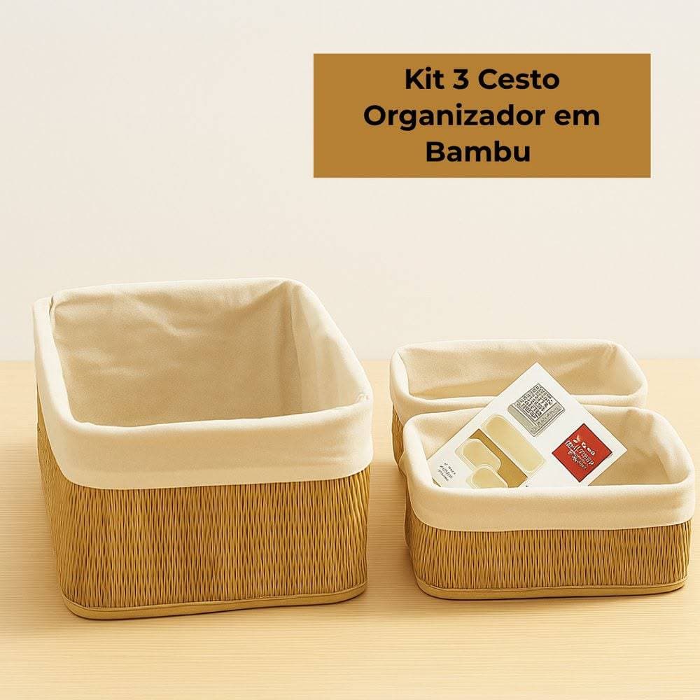 conjunto 3 cesto organizador bambu kit multiuso com forro organização cozinha banheiro quarto