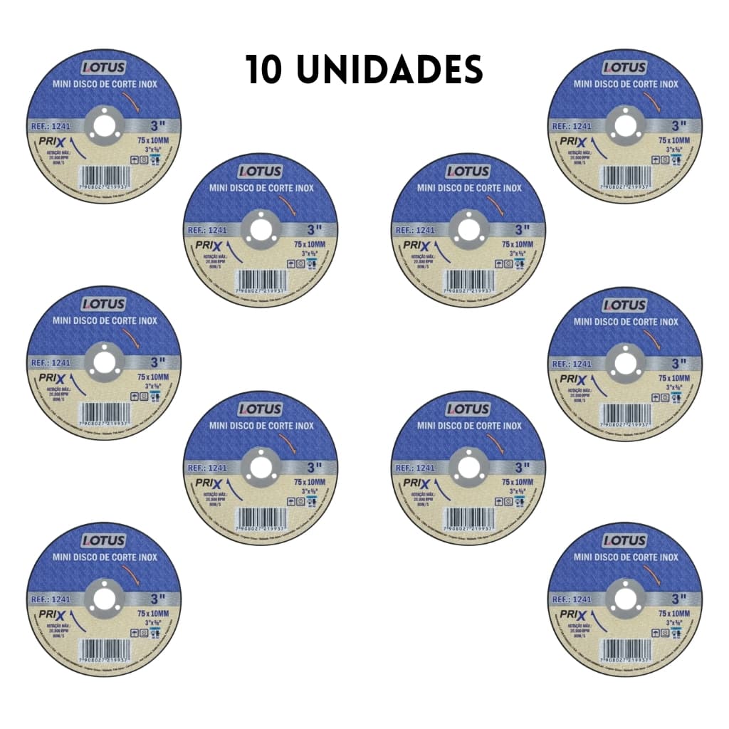 Kit 10 Mini Disco Corte Inox Metal 75mm 3 Polegadas 10mm Mini Esmerilhadeira - Lotus 1241