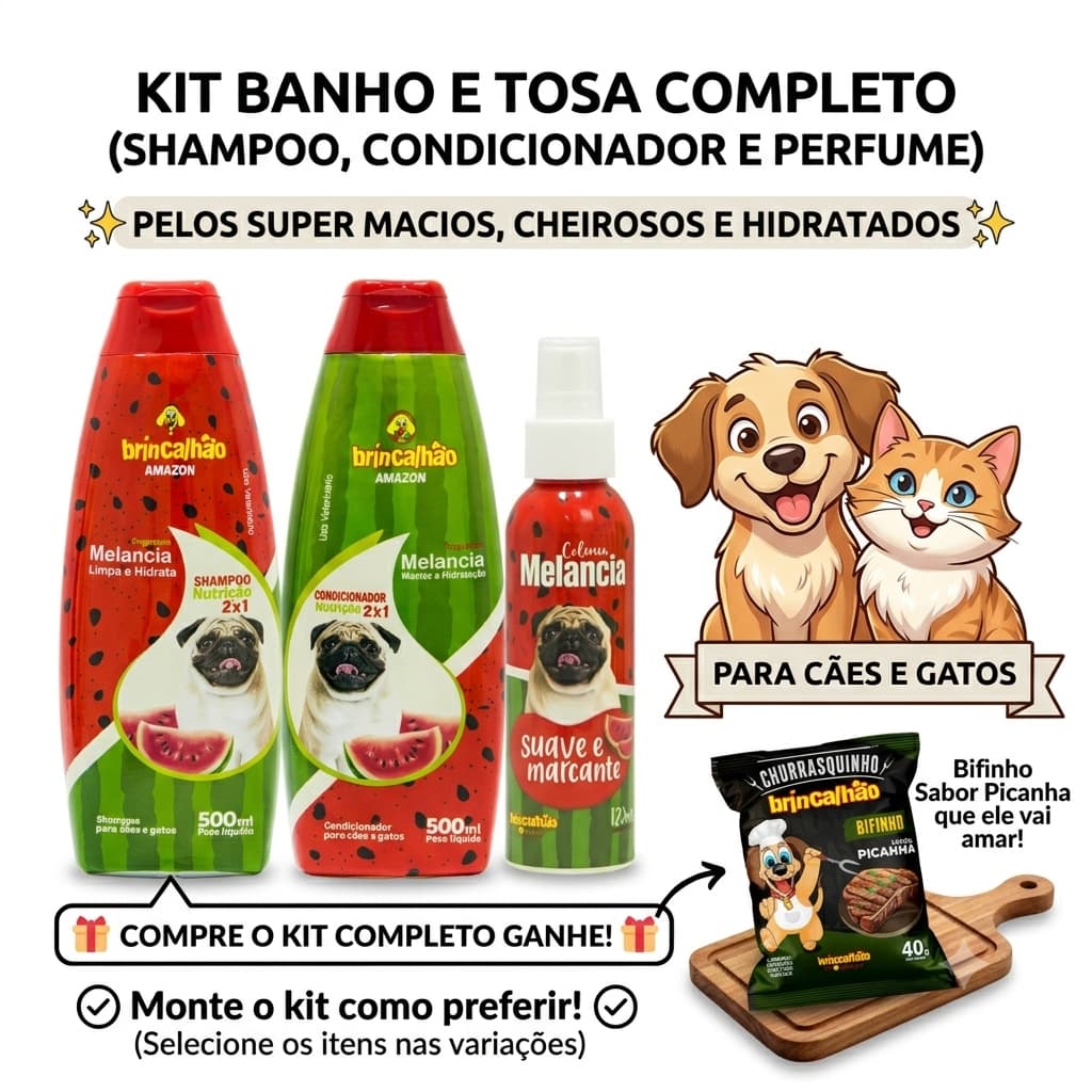 Shampoo Condicionador e Colonia Melancia Para Cães e Gatos Ganhe Brinde