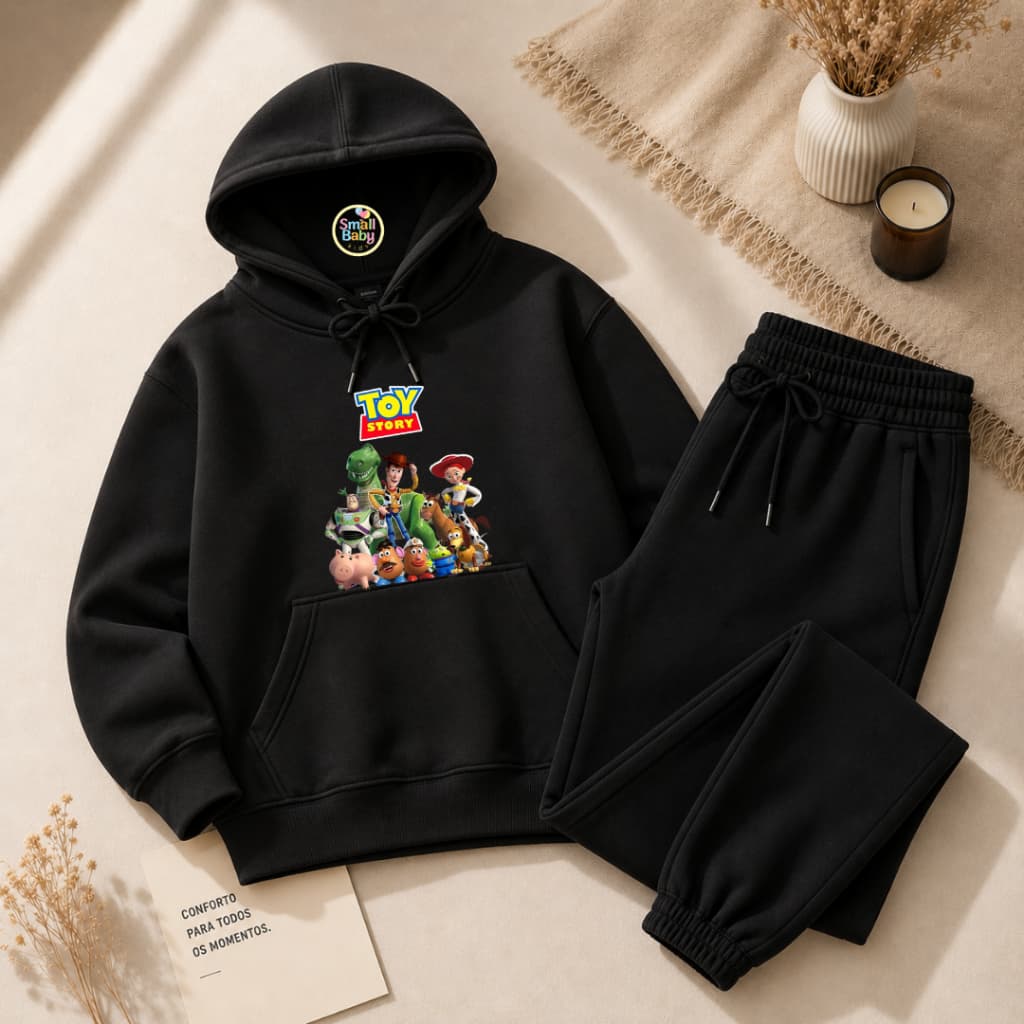 Conjunto Infantil Blusa Moletom Canguru Flanelado e Calça Moletom Filme Toy Story Desenho Estampado