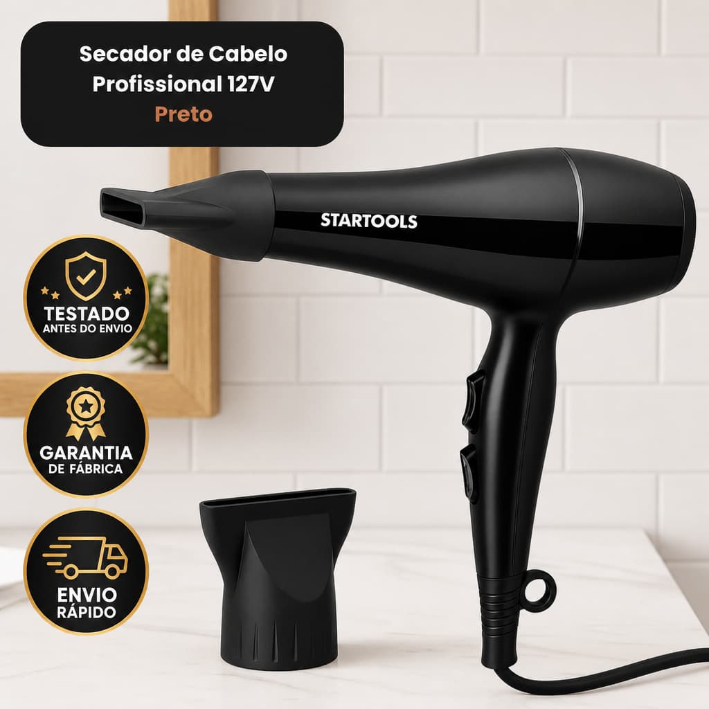 Secador Cabelo Profissional Potente 1800W Ar Quente Rapido Volume Baixo Preto