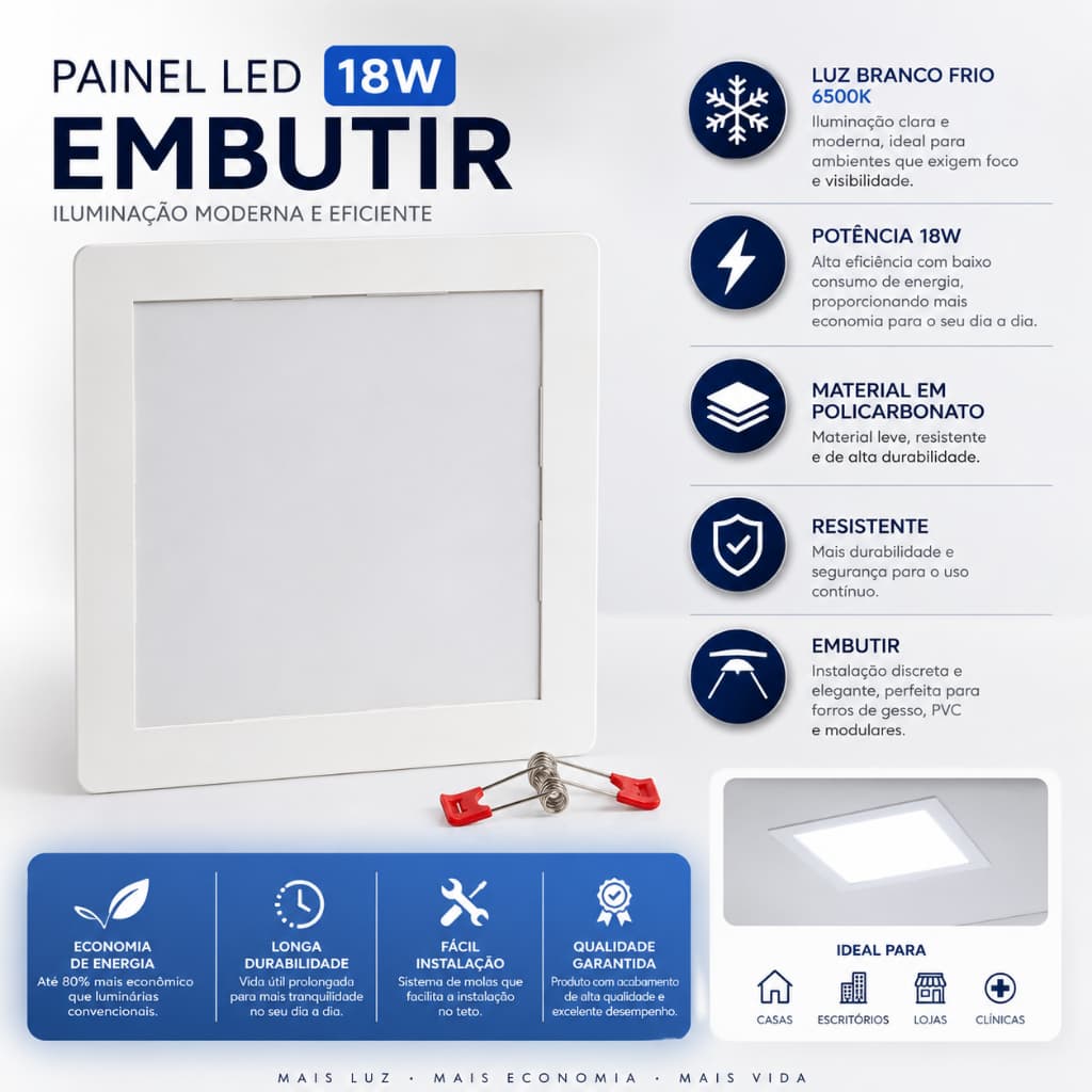 Painel Luminária de Embutir Led Quadrado 18W Branco Frio Slim 6500k Bivolt Luminária Borda Fina