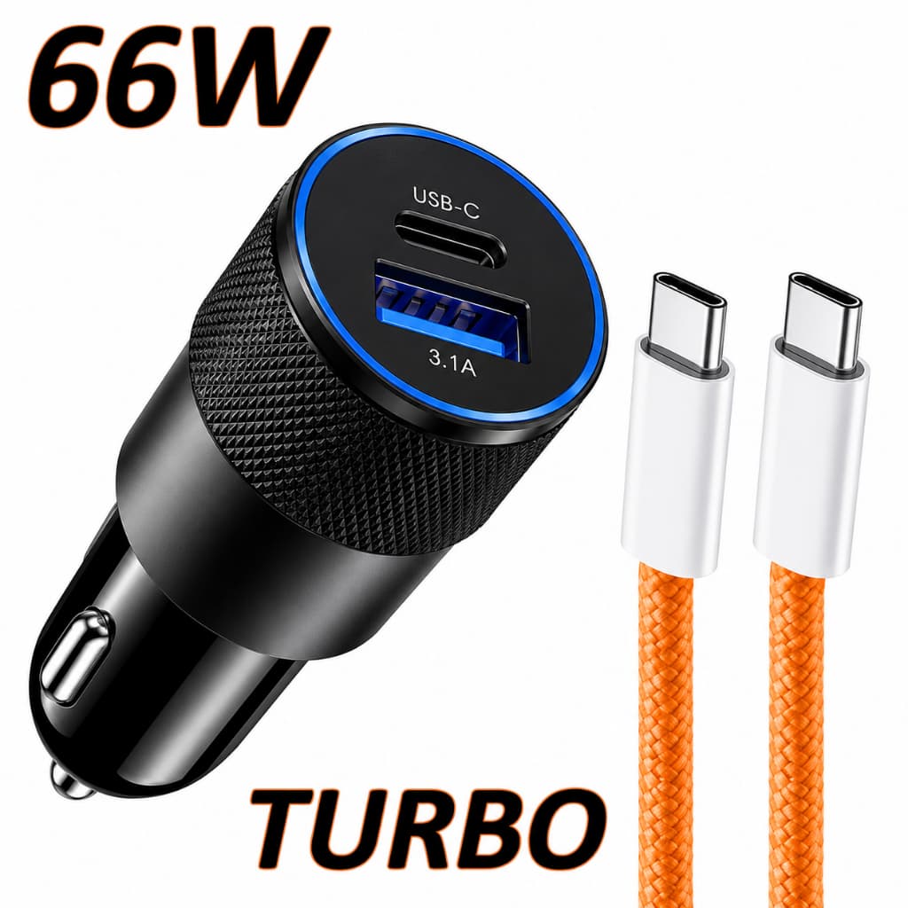 Carregador Veicular 66W Turbo USB C USB + Cabo Tipo C 240W 1 Metro
