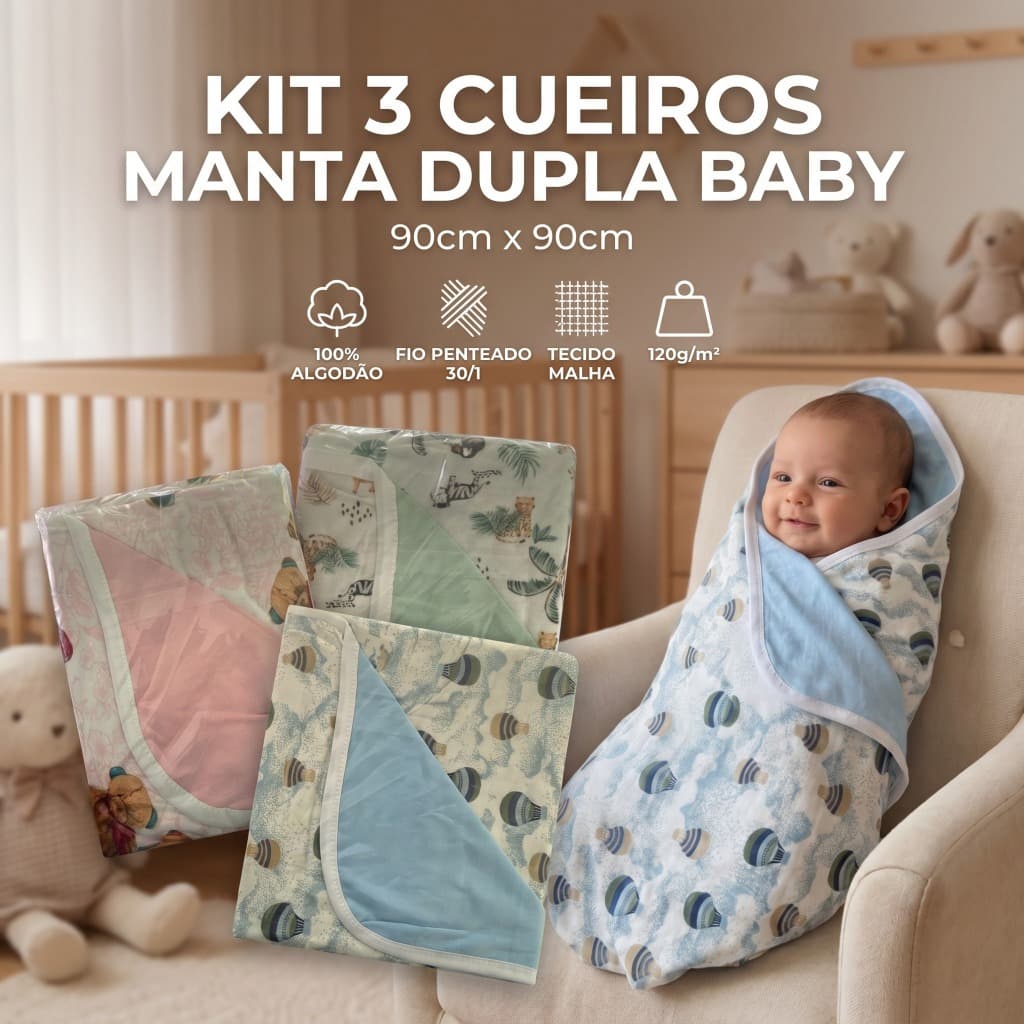 Kit 3 Cueiro Manta Bebê Dupla Fase 100% Algodão 90X90cm Estampado Infantil Menino e Menina