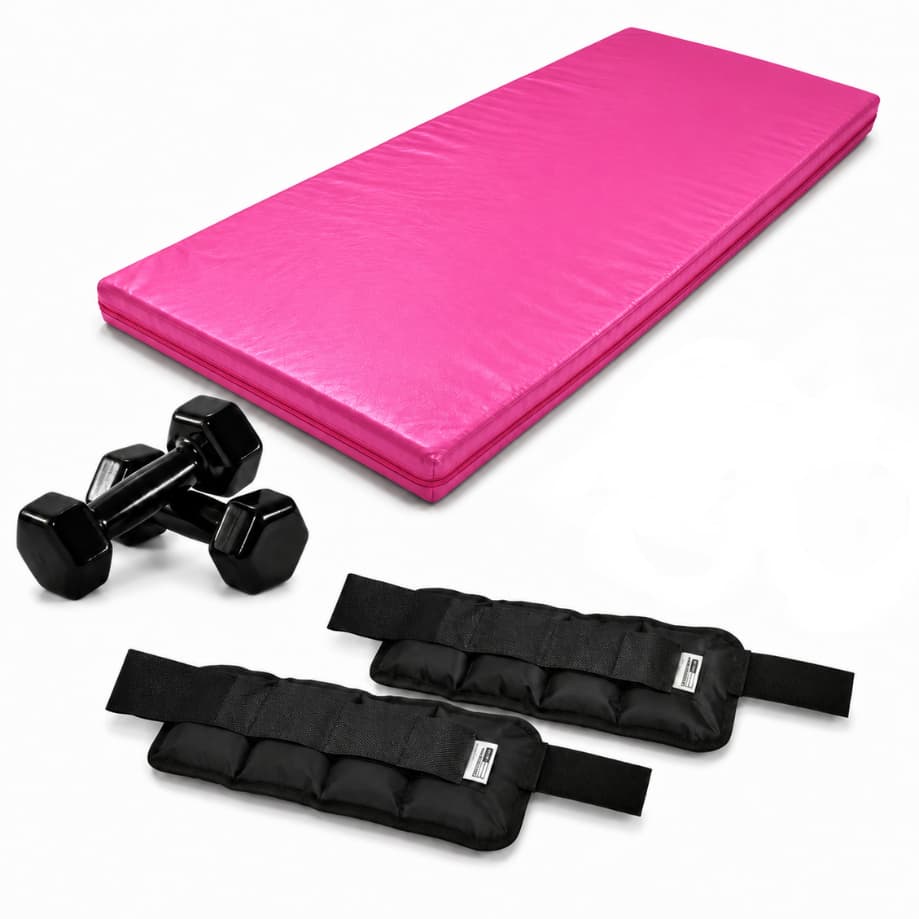 Kit Fitness Treino em Casa Colchonete Academia 90x40x3+ Par de Halteres Sextavado Emborrachado 5kg+ Par de Caneleira 5kg