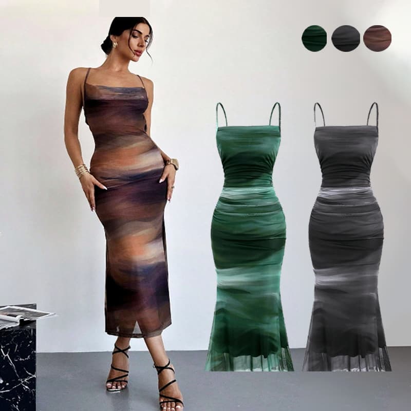 Vestido Longo Feminino Midi Vestido de Alcinha Ombré Vestido Longo Colado Bainha Sereia em Tela