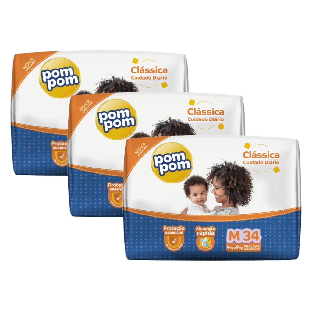 Kit C/3 Fralda Descartável Infantil Pom Pom Clássica Cuidado Diário Mega