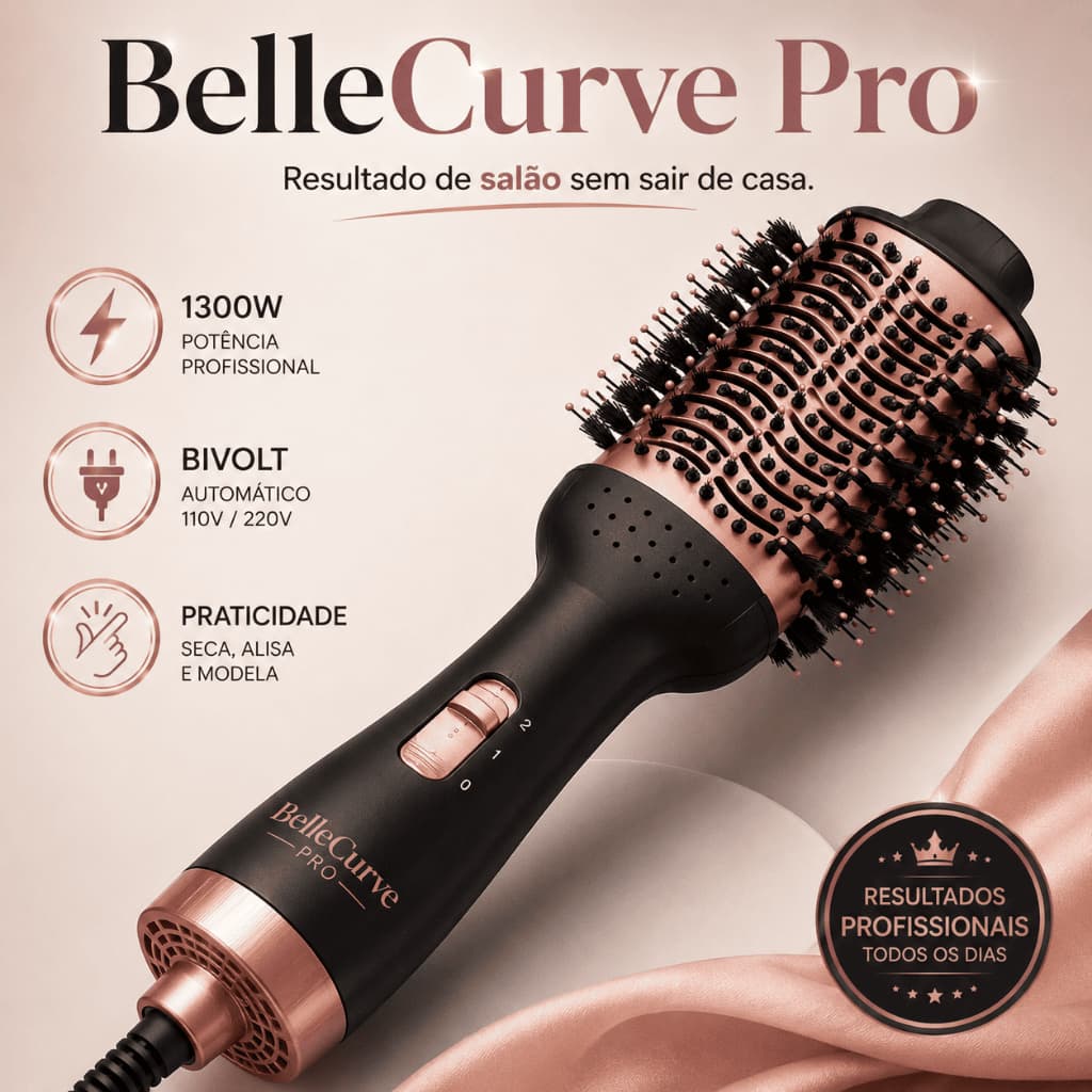Escova Secadora Modeladora Profissional BelleCurve Pro 1300W Bivolt Seca Alisa Modela Cabelos