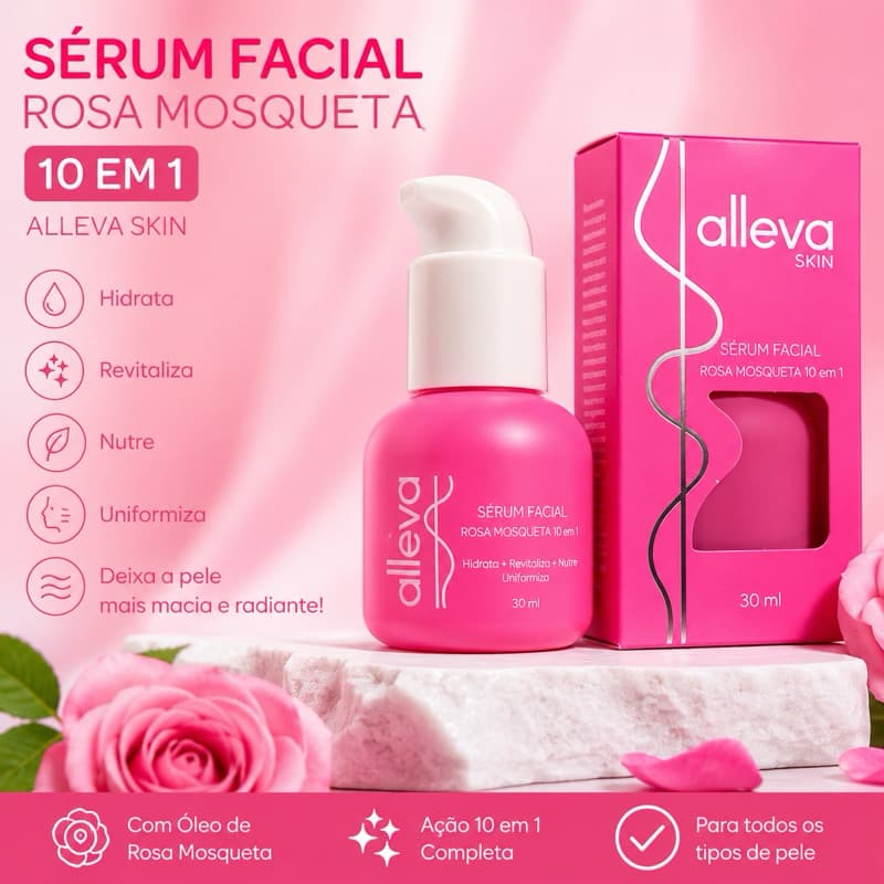 Sérum Facial Rosa Mosqueta 10 em 1 Alleva Skin 30ml Hidratante Clareador Nutritivo Anti-Idade