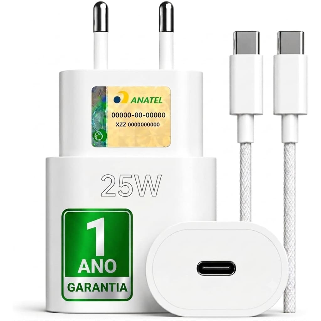 Carregador 25W para Iphone 15, 16 e 17, Samsung Galaxy A15 A35 A36 A55 A72 S23 S24 S25 S26 Carga Rápida + Cabo Tipo C