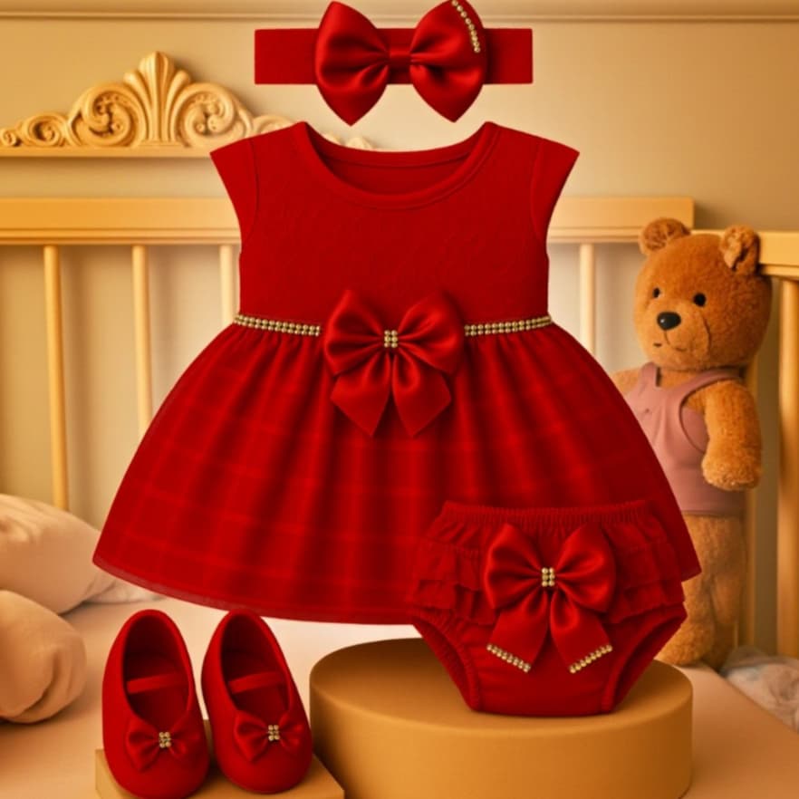 Vestido Bebê Menina Renda e Laço com Sapato 0 a 8 Meses Festa Batizado Aniversário Ano Novo Princesa