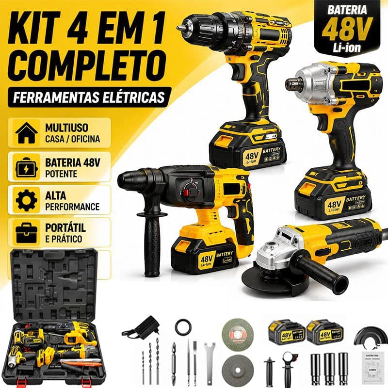 Kit Ferramentas Elétricas 4 em 1 48V Completo Furadeira Esmerilhadeira Parafusadeira com Maleta Bateria Casa Oficina