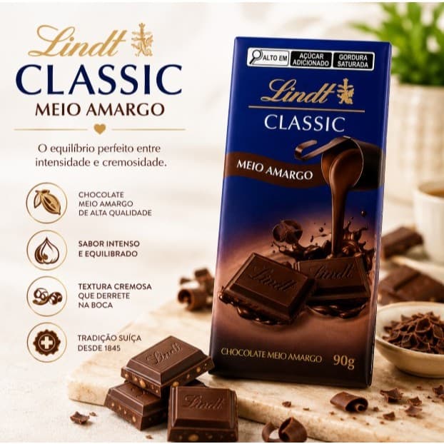 Chocolate Lindt Classic Meio Amargo 90g Barra Chocolate Importado Suíço Premium