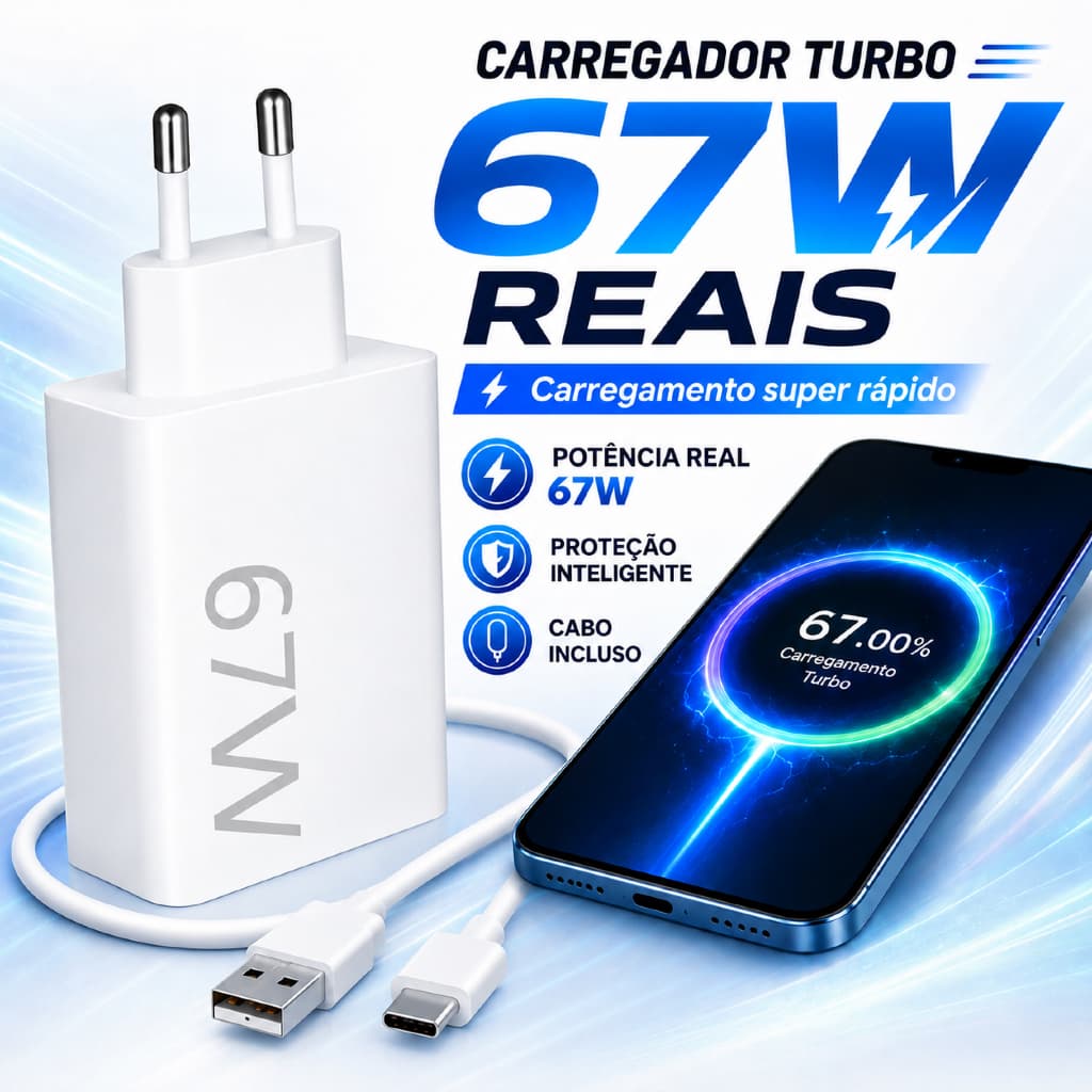 Carregador Turbo 67W Original USB-C para iPhone Xiaomi Android Fonte Tipo-C PD Rápida Samsung