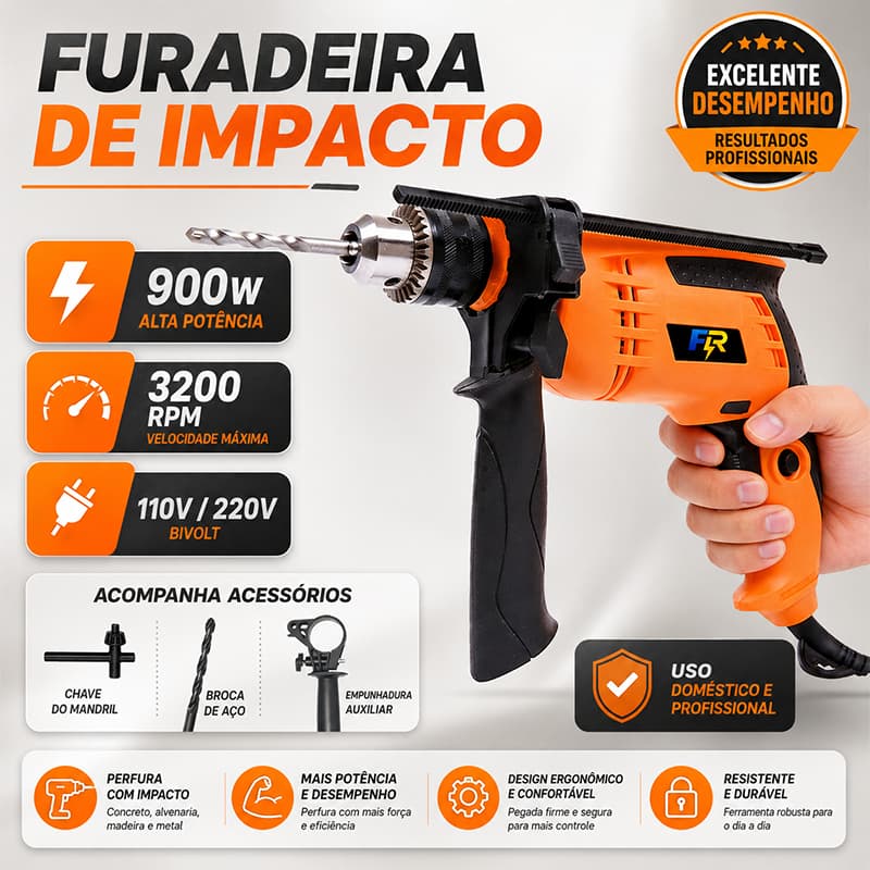Furadeira de Impacto e Parafusadeira 900W 110V/220V Mandril 13mm Alta Potência