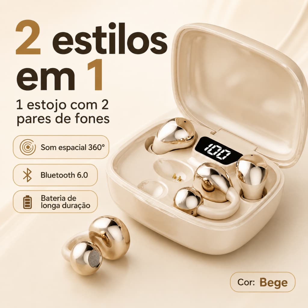 Fone Q30 Bluetooth 6.0 2 em 1 com 2 Pares, Display LED e Som Hi-Fi