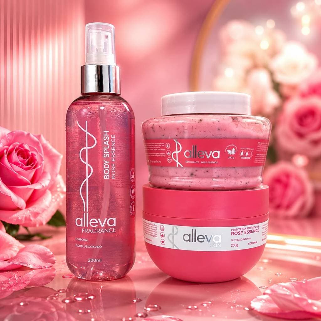 manteiga hidratante + body splash + esfoliante kit 3 itens alleva