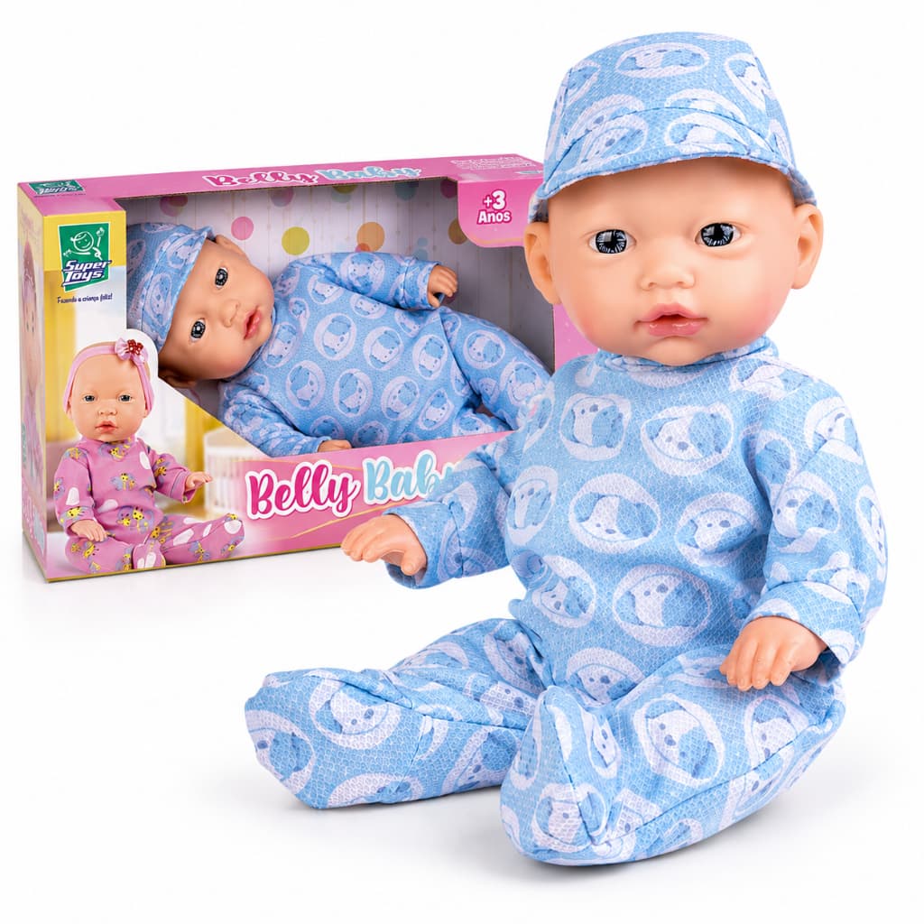 Boneca Brincando de Pijama Belly Baby com Chupeta Roupinha e Acessórios Articulado Super Toys