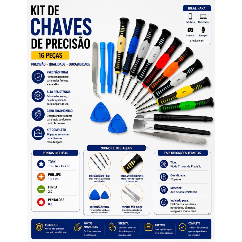 Kit Chaves Ferramenta 16 Peças Abrir Celular iPhone Android Tablet Notebook de Precisão