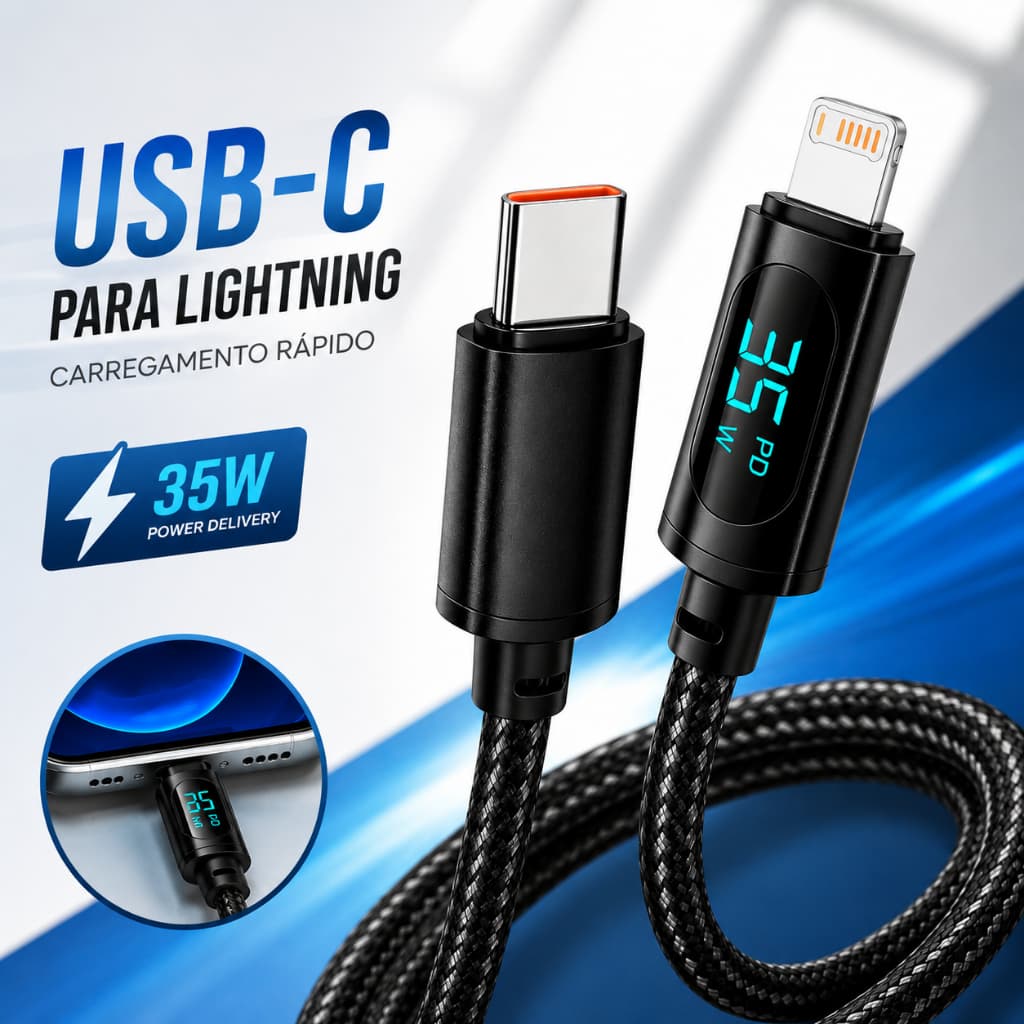 Cabo Tipo C Carregador Rápido Com Display Digital 35W Para Lightning Premium