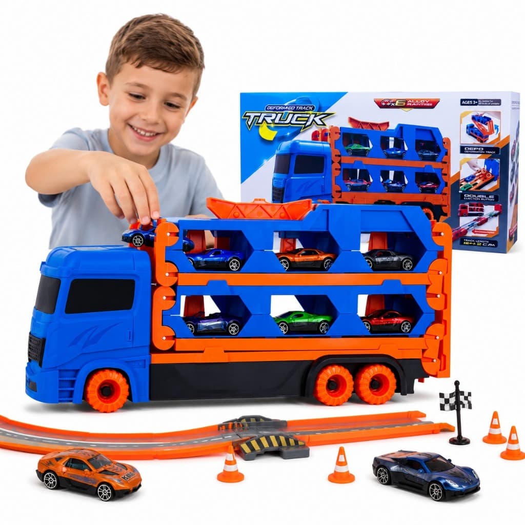 Caminhão Cegonha Com Pista Infantil 6 Carrinhos Impulsão Brinquedo de Menino Divertido Estratégia