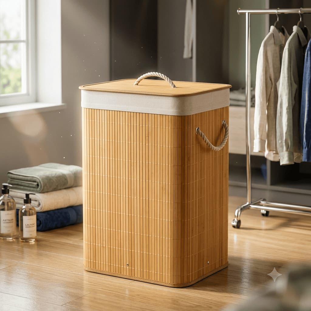 Cesto Roupa Com Tampa Alca Bambu 50 Litros Organizador Banheiro Lavanderia Resistente