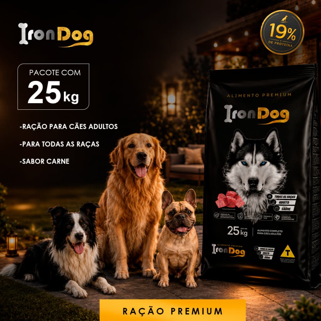 Ração Para Cachorro Iron Dog Premium 25kg Adulto Todas as Raças Sabor Carne 19% Proteína