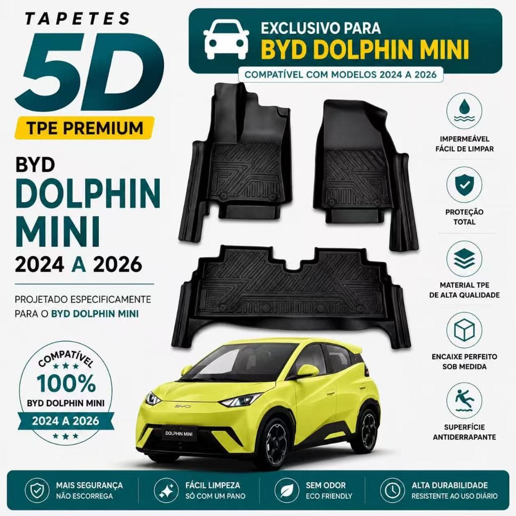 Tapete Bandeja Automotivo TPE 5D Sob Medida BYD Dolphin Mini ,  Resistente, Lavável e Antiderrapante