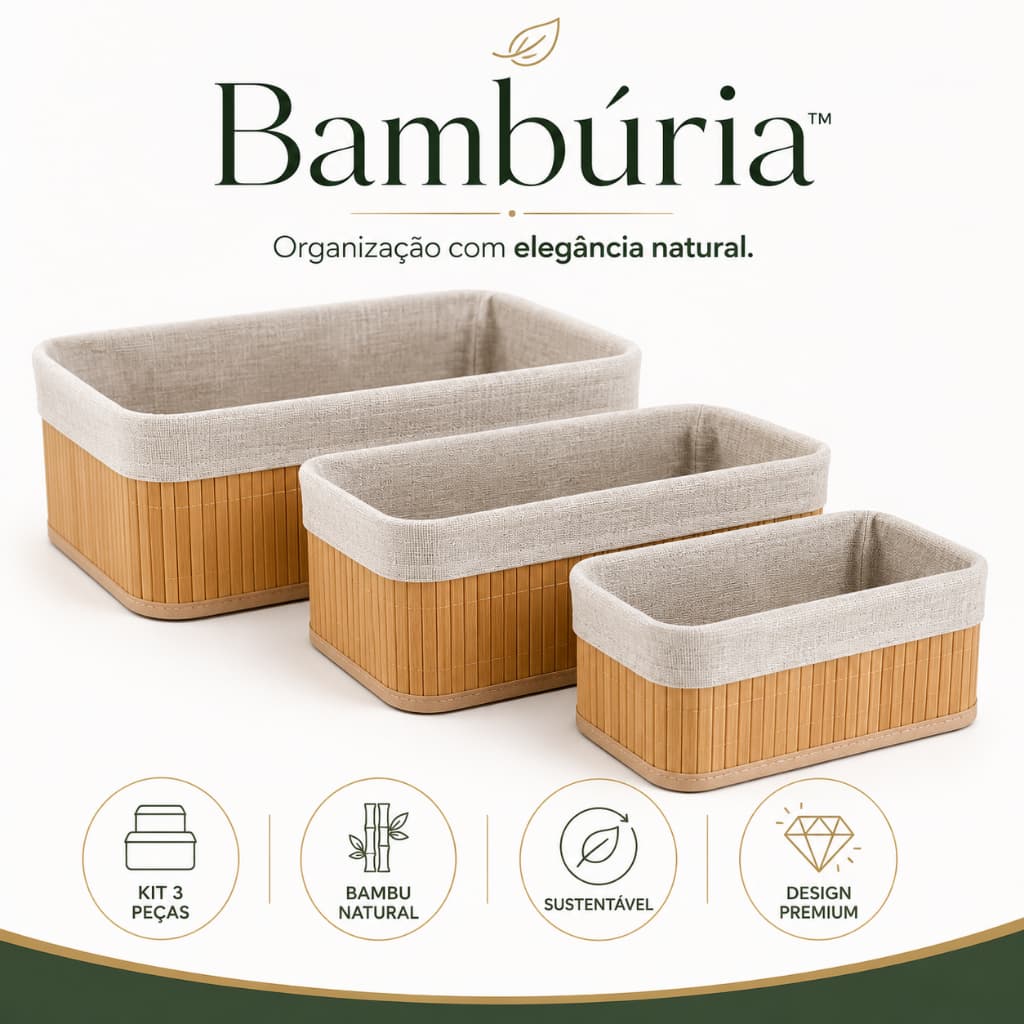 Kit 3 Cestos Organizadores de Bambu com Forro em Tecido - Organizador Multiuso para Banheiro Cozinha Closet e Es