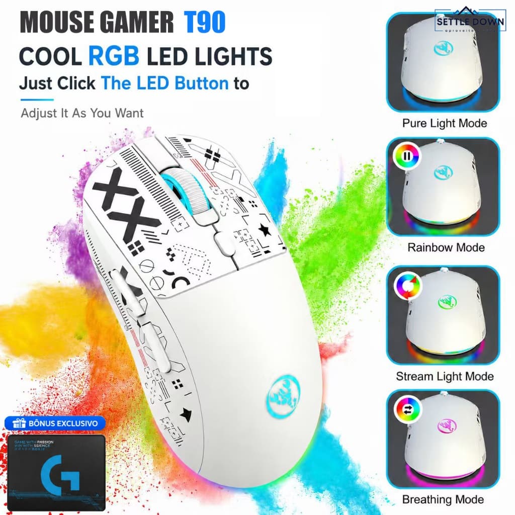 Mouse Gamer T90 Sem Fio Bluetooth BT5.3 2.4G Com Fio Recarregável RGB com Mouse Pad Incluso Para PC Notebook