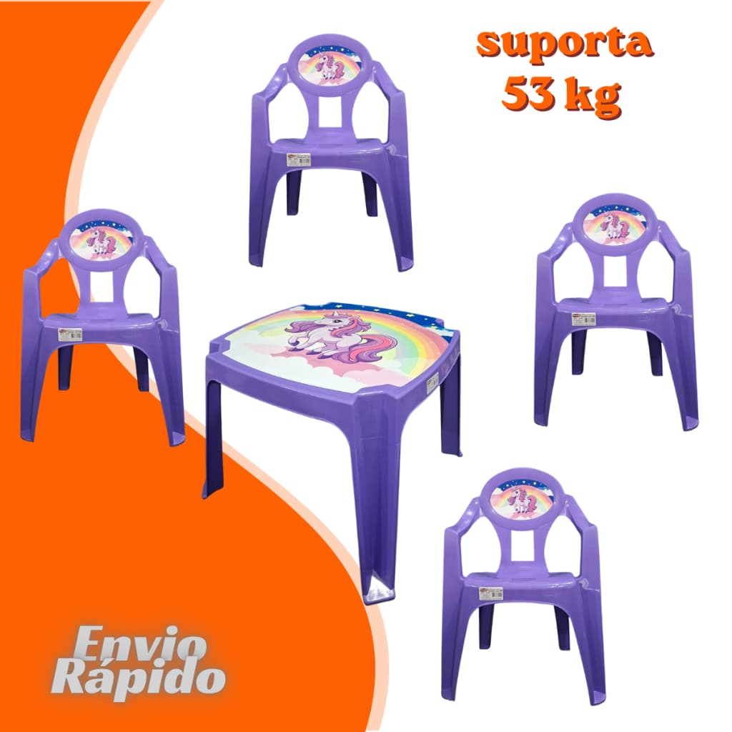 Kit Mesa Label Com 4 Poltronas Educativa Reforçada Infantil Plastico Resistente Rosa Azul Branco