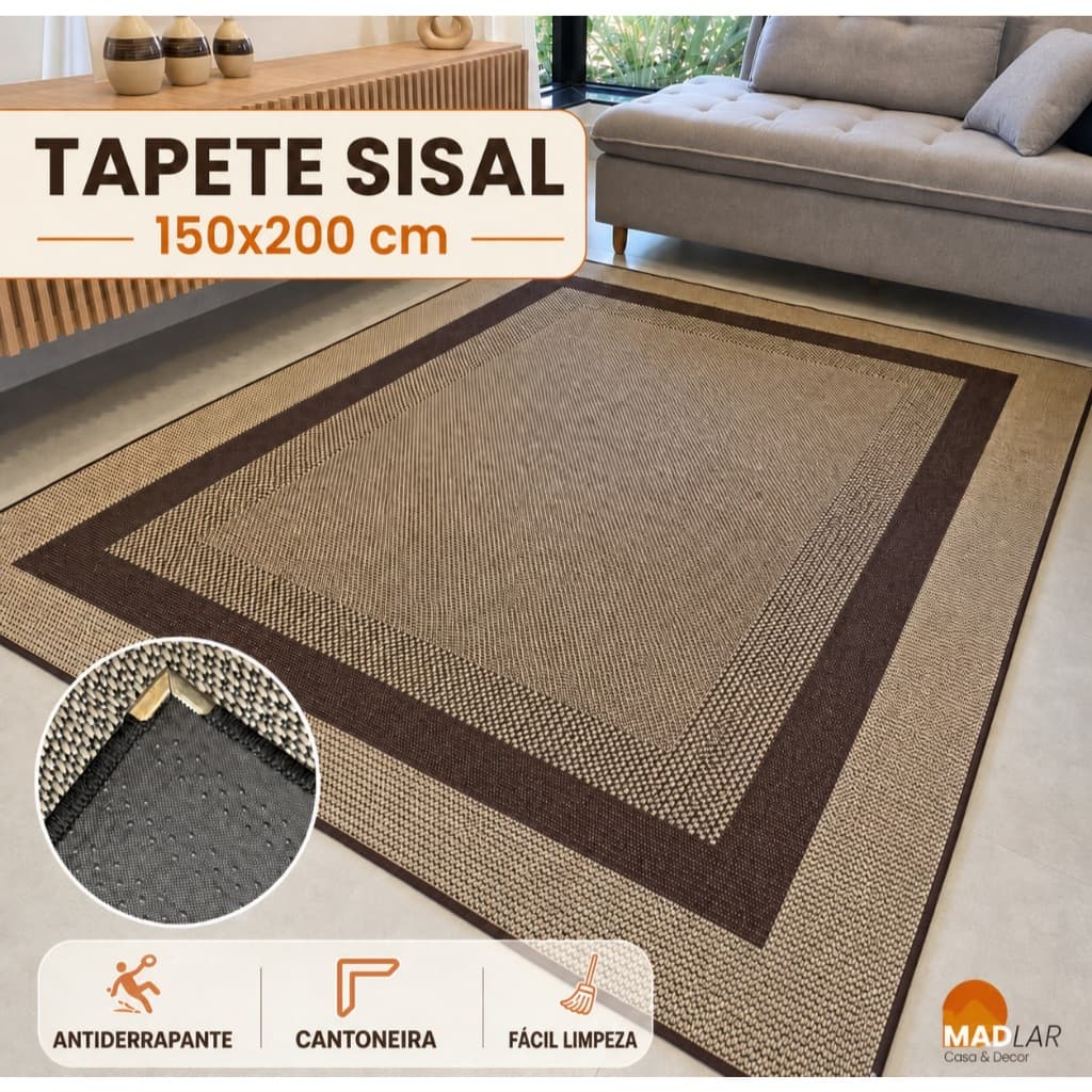 Tapete Sisal Sisllê Lancer 150x200 cm Antiderrapante com Cantoneira Aço Cromado Sala Quarto Escritório